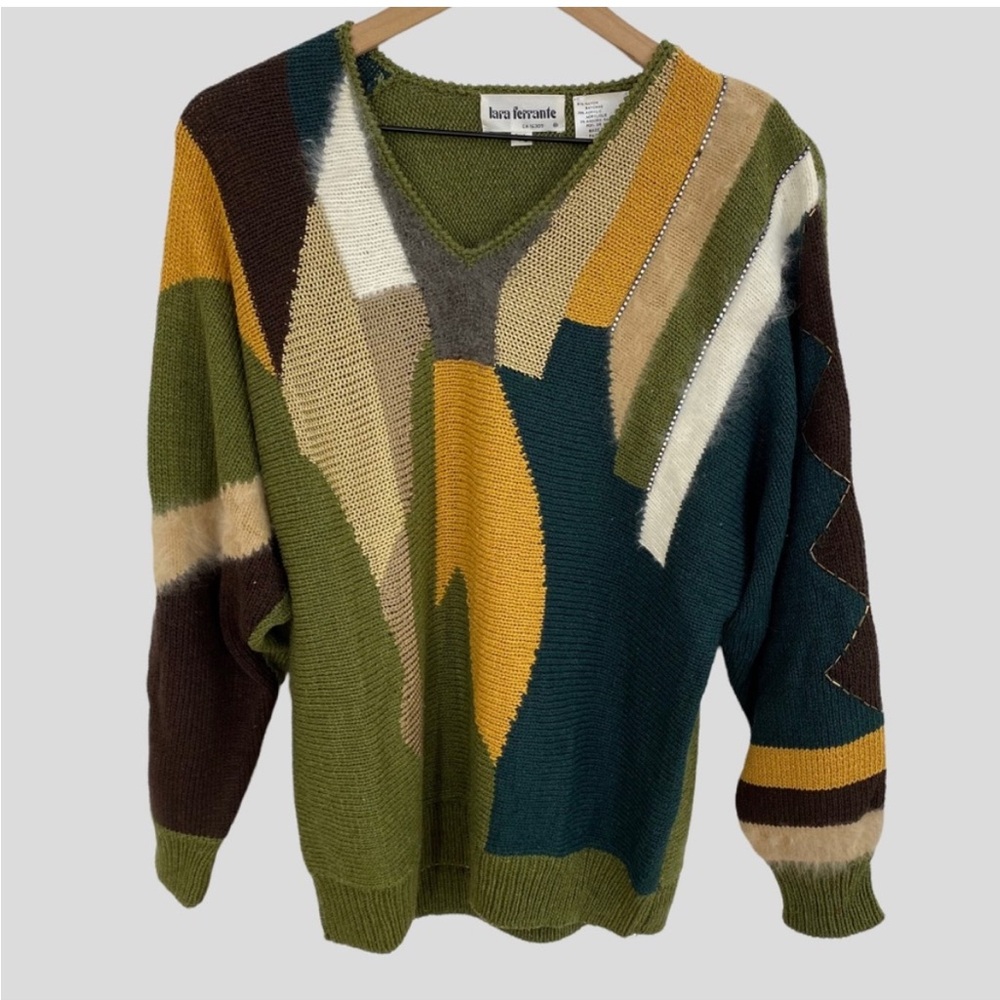 Vintage 70s Funky Eclectic Patchwork Angora Blend Knit Sweater with Beading